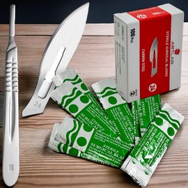 Sterile Scalpel Blades 20, 21, 22, 23, 24, 25, 26 Carbon Steel Plus Stainless Steel Scalpel Handle #4 - Dermaplaning, Taxidermy, and More - Artlab (#24)