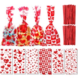 Zonon 125 Pieces Valentine Treat Bags Valentines Cellophane Gift Candy Cookie Bags with 200 Pcs Twist Ties for Wedding Party Favor Supplies, 5 Styles