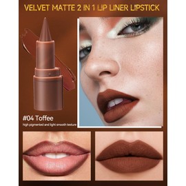 2 in 1 Lip Liner Lipstick, Toffee Lip Liner Lip Gloss, Velvet Matte Sharpened Head Lip Tint Stain, Long Lasting Waterproof Smudge-proof,Highly Pigmented Non-sticky Tinted Lip Balm,Lip Makeup for Women