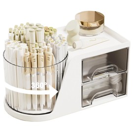 SAYEEC Desk Organizer with 2 Drawer, 6 Slots Multi-Functional Rotating Pencil Pen Holder, Desktop Makeup Organizer Stationery Accessories Storage Box Caddy for Office School Home Art Supplies (White)