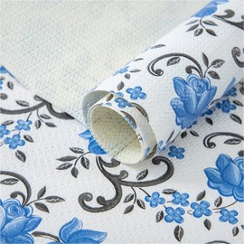 FIFTY FEET 12X120 Inch Shelf Liner for Kitchen Cabinets, PVC Drawer Liner for Dresser Non-Slip Bathroom, Non-Adhesive Cabinet Liner Washable (Blue Floral)(2 Roll)