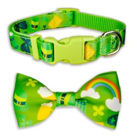 St. Patrick’s Day Dog Bow Tie Collar, Adjustable Green Shamrock Pattern Pet Collar with Detachable Bowtie, Festive and Comfortable for Small and Medium Dogs