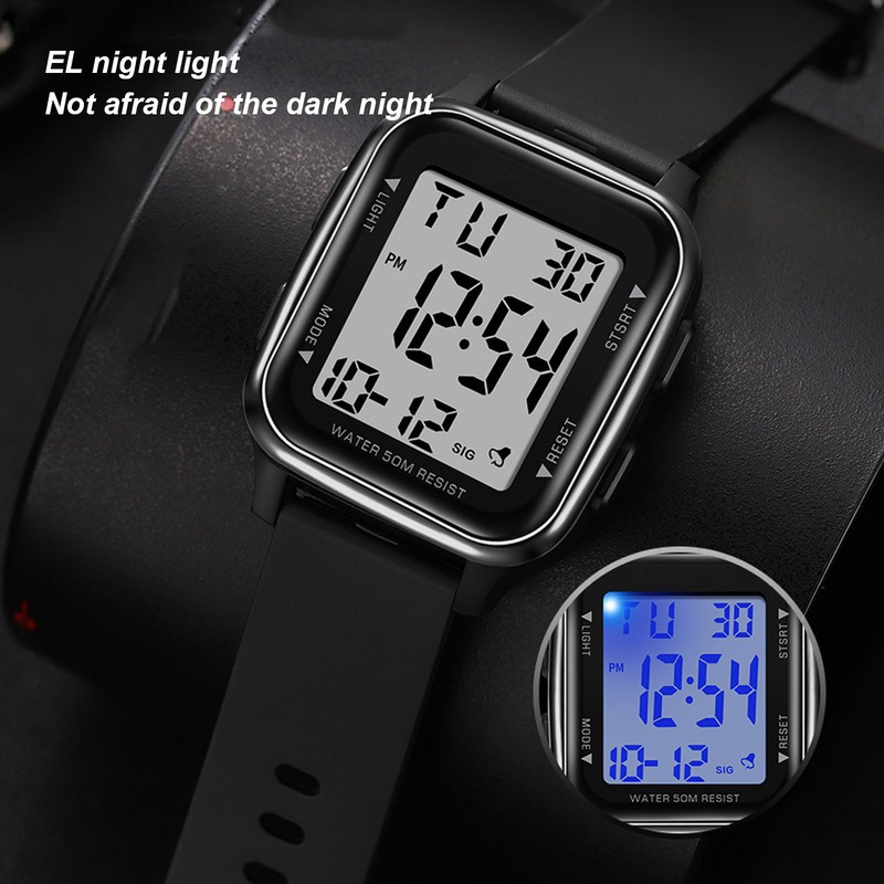 Digital Watch EL Backlit Waterproof Multifunctional Stylish Square Watch for