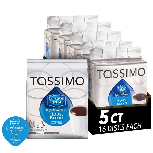 Tassimo Maxwell House Cafe Collection House Blend Medium Roast Coffee T-Discs for Tassimo Single Cup Home Brewing Systems (80 ct Pack, 5 Packs of 16 Discs)