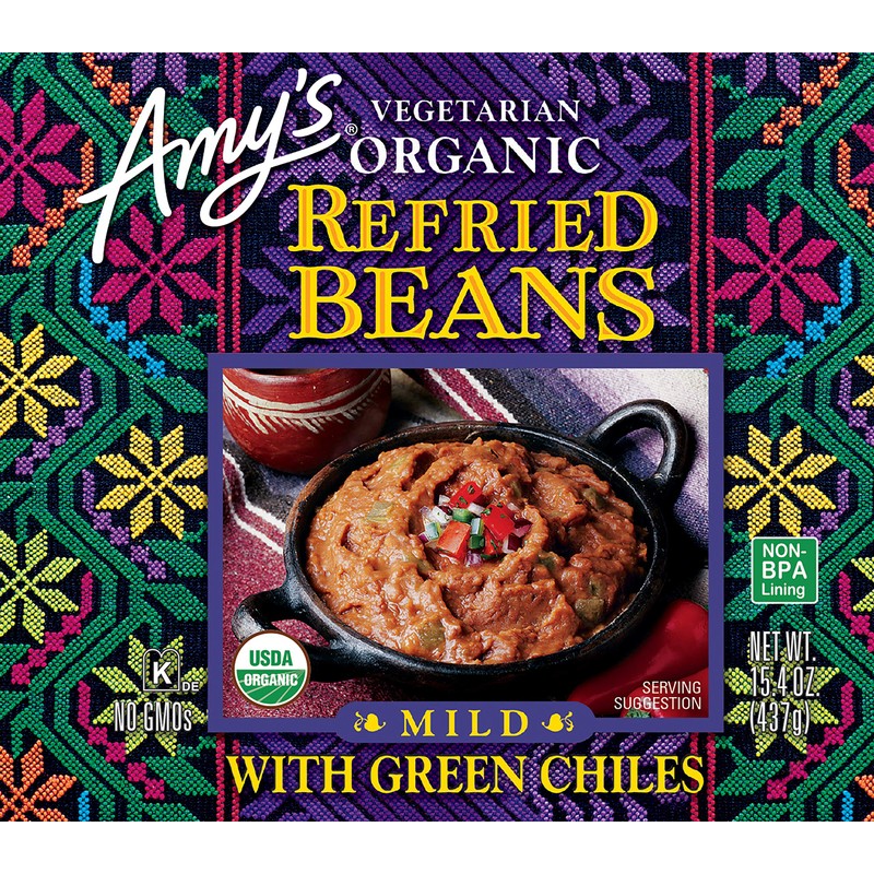 Amy's Organic Refried Beans Canned, Mild with Green Chiles, Vegan