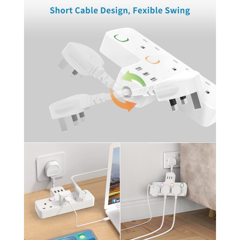Mscien Multi Plug Extension 3 Way 3 USB with Flexible