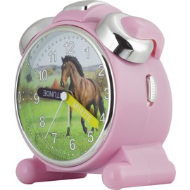 Eurotime Wecker für Mädchen mit Pferd, Rosa, Kinderwecker, geräuscharmer Wecker, kein Ticken, mit Licht, Weckwiederholung, Glocken,- oder Melodie-Alarm wählbar, 24012-22
