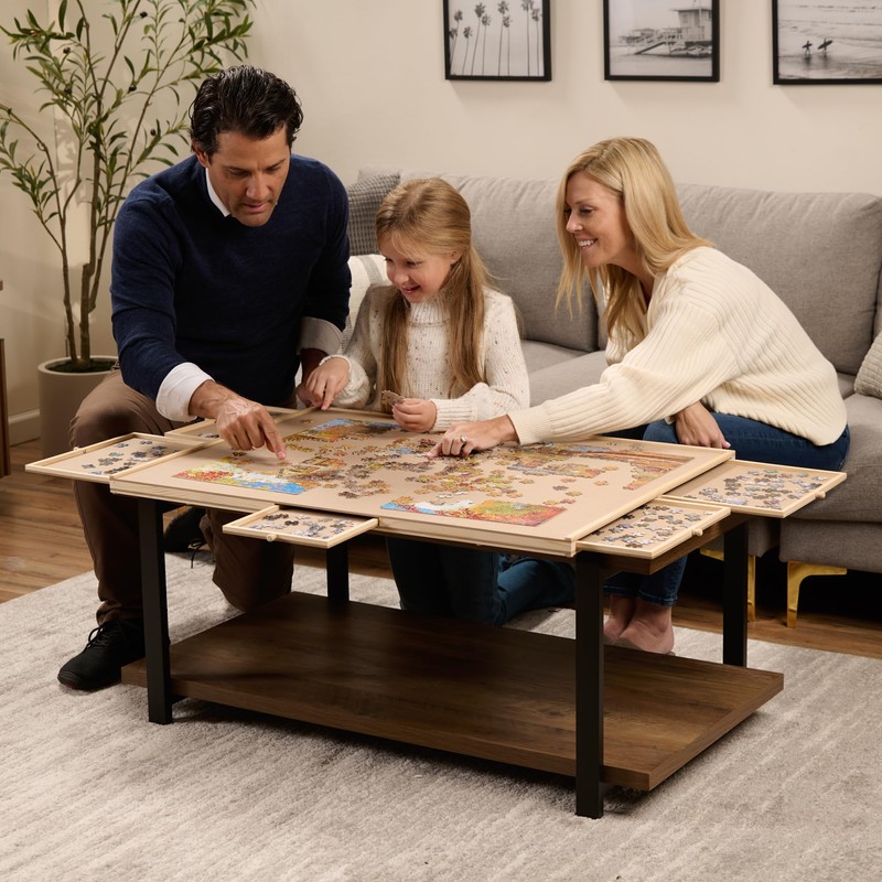 Rotating Wooden Puzzle Board for with 6 Storage Drawers &