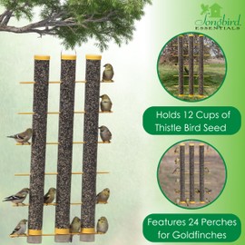 Songbird Essentials Giant Finch Feeder, Finches Favorite Yellow 3 Tube Thistle Feeder with Perches for up to 24 Goldfinches
