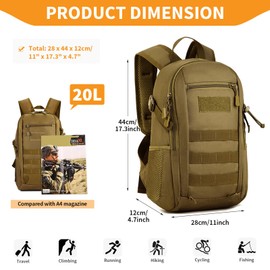 HUNTVP 20L Daypack Tactical Military Molle Backpack Small Back Pack Student School Rucksack Daysack for Running Working (Brown)