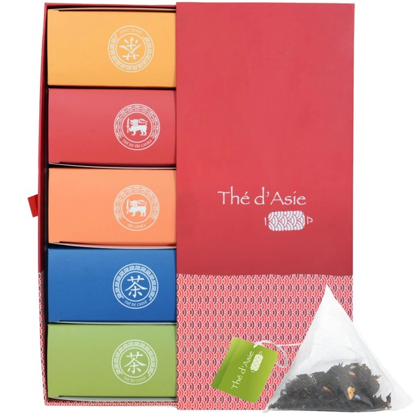 Khla - Set of 5 Organic Teas in Bags - 100 Infuser - Gift Set Asian Teas - Oolong, Pai Mu Tan, Breakfast OP, Sencha & Chun Mee - Blue, Green Black & White Tea - Herbal Tea, Infusion