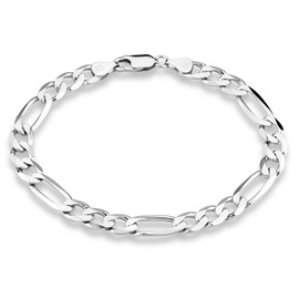 Miabella 925 Sterling Silver Italian 7mm Solid Diamond-Cut Figaro Link Chain Bracelet for Men, Made in Italy, 9 Inch, Sterling Silver