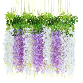 BLEUM CADE 36Pcs White & Purple Fake Wisteria Hanging Flowers, 3.6Ft/Pcs Artificial Wisteria Garland, Hanging Flowers for Wedding Party Home Backdrop Wall Decoration