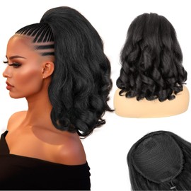 SOMOREATY Ponytail Extension,16" Drawstring Ponytail for Black Women Yaki Straight with Curly Ends Synthetic Hairpiece Hair Extension Pony Tails for Women(Black Brown)