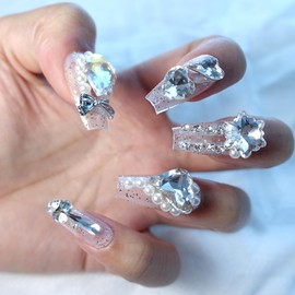 KIRAKIRA White Smoke Long Coffin False Nails with Large Heart Diamond Glitter Rhinestone Press Nail Art for Women Girls 24 Pieces