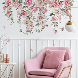 Rose Buds Wall Stickers, Roses, Butterflies, Pink, Vines, Green Leaves, Wallpaper, Living Room, Bedroom, Ceiling Sticker, DIY Sticker, Stylish, Removable Wall Sticker