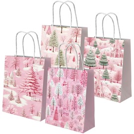 CMUSKO Pink Christmas Gift Bags-12Pcs Christmas Tree Bags with Handle Holly Pink Vintage Christmas Small Treat Bags Bulk for Kids