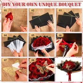 Thiccywoov 36 Pcs Glitter Roses Bouquet Gifts Artificial Rose DIY Flower Bouquet Kit Birthday Gifts Flower Wrapping Paper 3D Butterflies Crowns for Anniversary (Red)