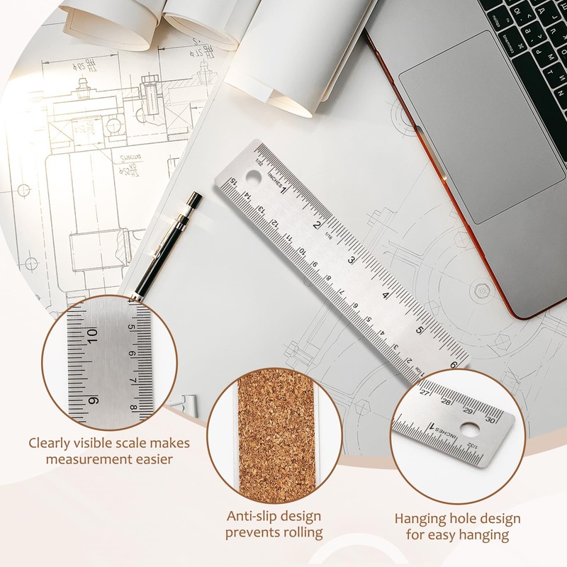 Metal Ruler 12 Inch 6 PCS Cork Backed Ruler Non