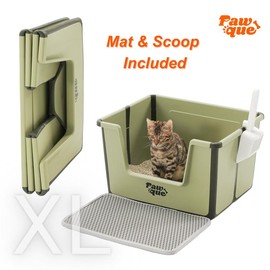 Pawque Foldable Large Cat Litter Box with Litter Mat & Scoop, Portable Travel Cat Potty Pan, Anti-Splashing, Easy Clean, Sturdy Design - Color: Grey