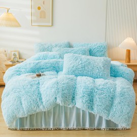 ERLOXO Fluffy Blue Faux Fur Comforter Cover Set Twin，Fluffy Fuzzy Plush Blue Bedding 2Pcs (1 Faux Fur Duvet Cover +1 Fuzzy Pillowcases) Blue Bed Set Twin(Blue, Twin)