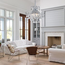 peskoe 18" Modern Crystal Chandelier, 4-Light Pendant Ceiling Lamp for Dining Living Room Bedroom Kitchen, Chrome Hanging Light Fixture