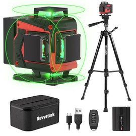 Revvstark Laser Level with Tripod, 4x360° Green Line Laser Tool with Self-Leveling & Manuel Models, Remote/Touch Control, Rechargeable Battery for Picture Hanging, Tile, Home Renovation (Bag Included)