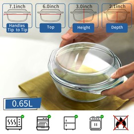 Small Glass Casserole Dish with Lid, 0.65L (15cm) Glass Round Casserole for Oven, Individual Glass Round Casserole Dish with Lid, Mini Glass Casserole Dish with Handles(XS-0.65L)