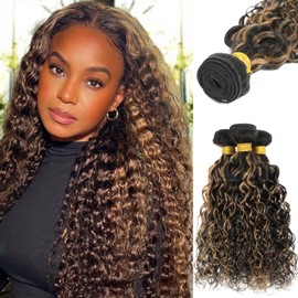 ALHER Blonde Highlight Human Hair Bundles Water Wave 18/20/22 Inch, Soft Thick #F1B/27 Ombre Wet n Wavy Curly Bundles 100% Unprocessed Remy Hair Black with Blonde Colored Sew In Double Weft
