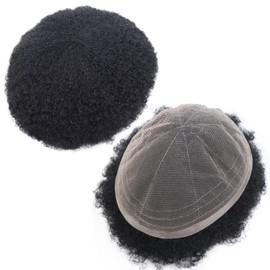 HAPPY&CC Toupee for Men Afro Kinky Curly French Lace Male Toupee African American Mens Wigs Human Hair Replacement System 4mm #1 Jet Black 8x10 Inch