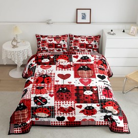 Manfei Cartoon Ladybug Comforter Set Queen Size,Nature Animal Red Black Kawaii Bedding Set 3 Pcs for Teens Adults,Romantic Love Hearts Down Comforter,Cute Red Plaids Dots Duvet Insert,2 Pillowcases