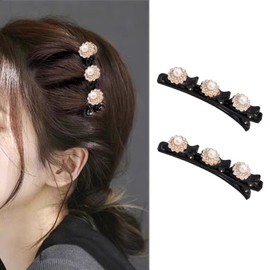 Crymystal Sparkling Crystal Stone Braided Hair Clips with 3 Small Clips, Pearl shaped hairpin duckbill clip,Braided Hair Clip with Rhinestones for Women and Girls Gifts (pearl flower)