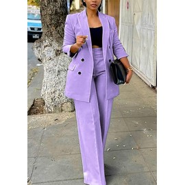 LROSEY Women's 2024 Fall Two Piece Casual Business Outfits Fashion Blazers Jacket Wide Leg Pants Suit with Pockets Purple