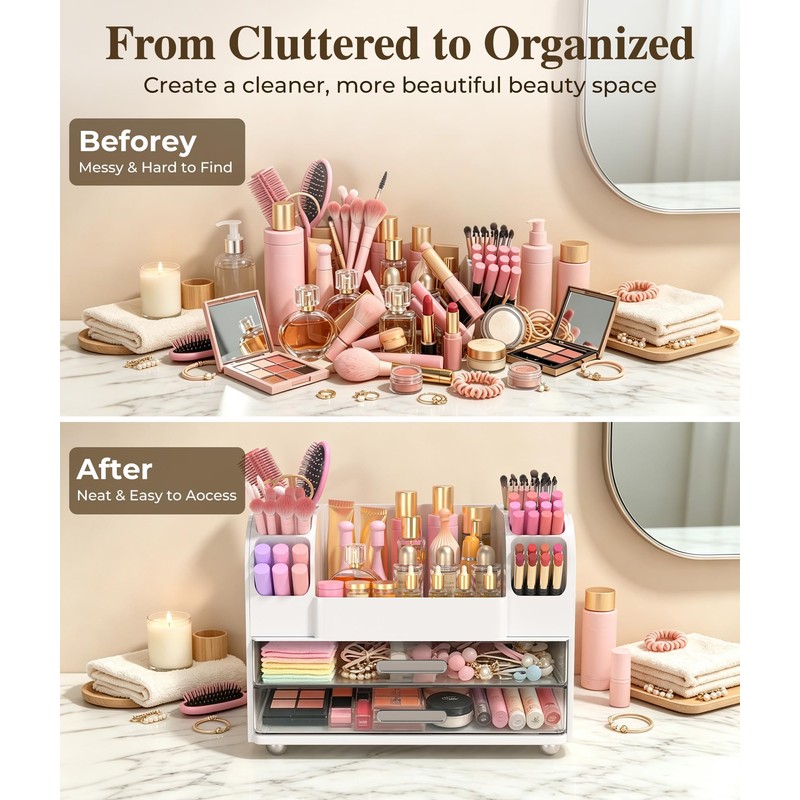 Makeup Organizer for Vanity,Countertop Cosmetic Organizer with 2 Clear Drawers