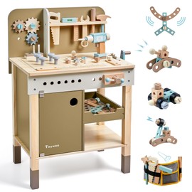 Kids Tool Set,Wooden Tools Bench with Apron Toddler Toy Workbench with Realistic Tools Electric Drill STEM Construction Toy Gifts for Age 3-9 Boys Girls