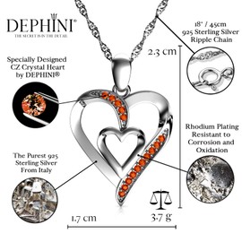 DEPHINI - Heart Necklace - 925 Sterling Silver - Double Love Heart Pendant - orange CZ Crystals - Fine Jewelry - 18" Rhodium Plated Silver Chain