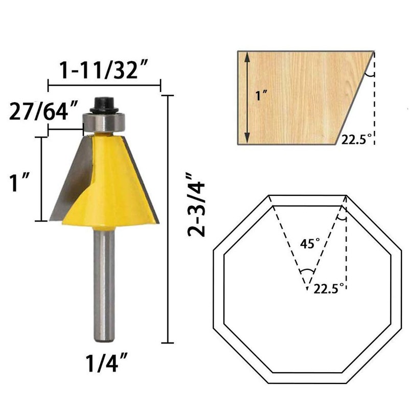 Eyech 3pc Chamfer Router Bits Set, 1/4 Inch Shank Chamfer
