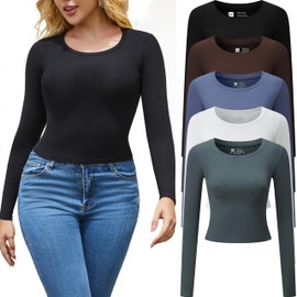 FMNNNN 5 Pack Womens Activewear T Shirts Long Sleeve Crop Tops Crew Neck Ribbed Cotton Workout Fall Winter Apparel Soft Ladies Tees Moisture Wicking Fitted Casual Stretchy Basic Running Clothing