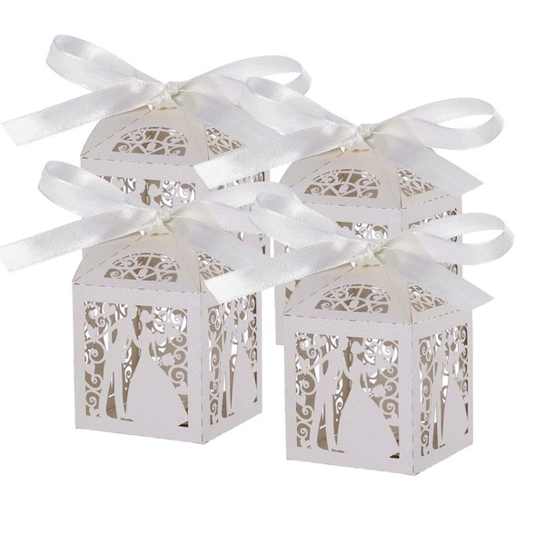 HEALLILY Wedding Gift Boxes Paper Candy Boxes with Ribbon Favor Boxes for Birthday Wedding Party Supplies 100pcs (White)