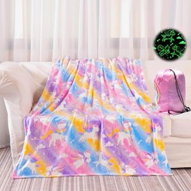 Glow in The Dark Unicorn Throw Blanket for Girls, Luminous Rainbow Blanket for Toddler Kids, Soft Flannel Nap Blankets Gift for Age 3 4 5 6 7 8 9 10 11 12 Year Old, 50" x 60", Yellow
