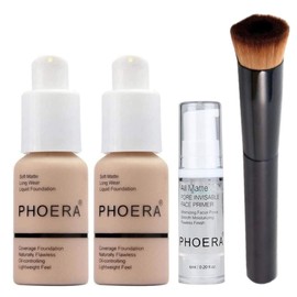 Phoera Foundation Full Coverage Makeup Set - Contains 2 Nude 30 ml Matte Foundation, 6 ml Face Primer & Liquid Foundation Brush for Easy Application
