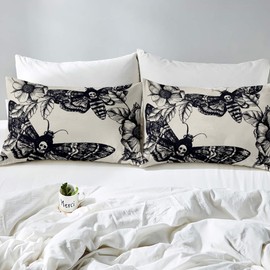 Loussiesd Gothic Skull Bedding Set Decorative Death Moth and Flowers Quilt Cover Single Pesonalized Skeleton Bones Bespread Cover for Youth Adult Teens Boys Women Black Cream Soft Zipper Novelty
