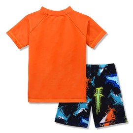 CARMEISON Kids Short Sleeve Sunsuit Swimwear Boys Two Piece Rash-Guard-Sets Dinosaur Pattern, Orange, 9-10 Years