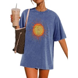 Wrenpies Vintage Oversized Sun Aesthetic Graphic Tees Distressed Band T Shirts for Women Boyfriend Baggy Casual Shirt Tops (Blue,L,Large)