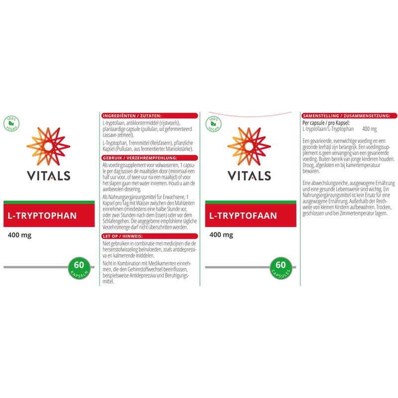 Vitals - L-Tryptophan 400 mg 60 Kapseln. Essenzielle Aminosäure in