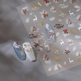 5D Embossed Christmas Nail Art Stickers Crystal Ball Feather Nail Stickers Self-Adhesive White Holly Snowflakes Elk Nail Decals for Women Girls Winter Xmas Holiday Manicure DIY Nail Supplies