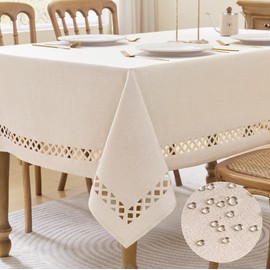 Aoztio Linen Rectangle Tablecloth, Rustic Lattice Cutwork Waterproof Table Cloth, Wrinkle Free Anti-Fading Table Cover for Party, Restaurant, Indoor & Outdoor Dining, 55 x 71 Inchs, Natural