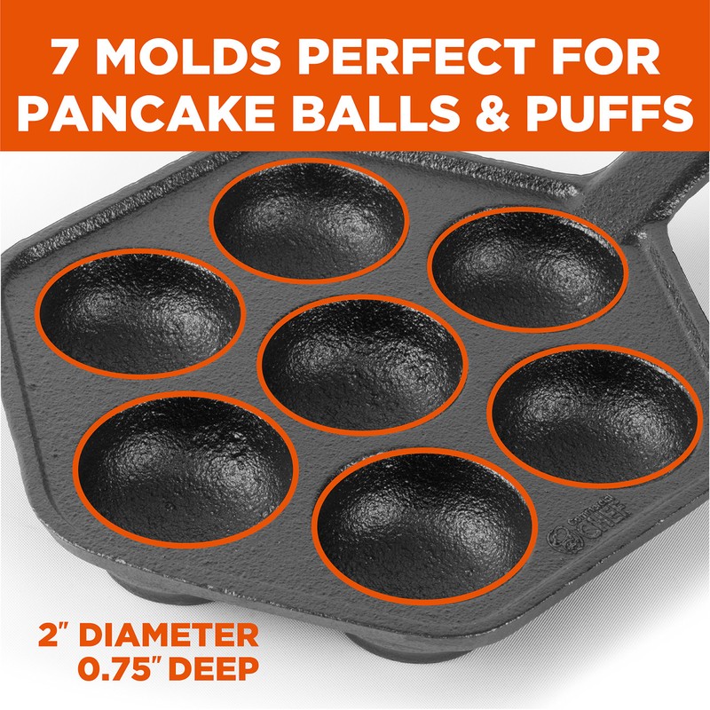 Commercial CHEF Danish Aebleskiver Pan, Pre-Seasoned Cast Iron, Seven Sections