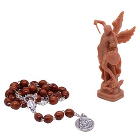 Saint Michael The Archangel Chaplet, Instruction Pamphlet, and Small Statue Gift Set | Powerful Spiritual Protection | Great Catholic Gift for First Holy Communion and Confirmation (Brown)