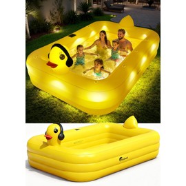 FizZeal Inflatable Pool with Lights,Solar Duck Inflatable Swimming Pool for Kid,Blow Up Pool for Adults,Large Inflatable Kiddie Pool,Durable Thickened Family Inflatable Kid Pool for Backyard 100*63*22